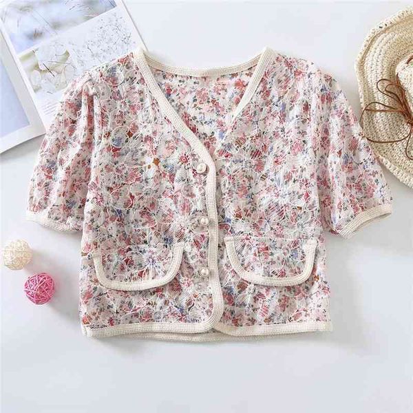 

women's blouses & shirts women stylish flower full embroidery summer pearl button short blouse girls casual v-neck sleeve cotton t, White