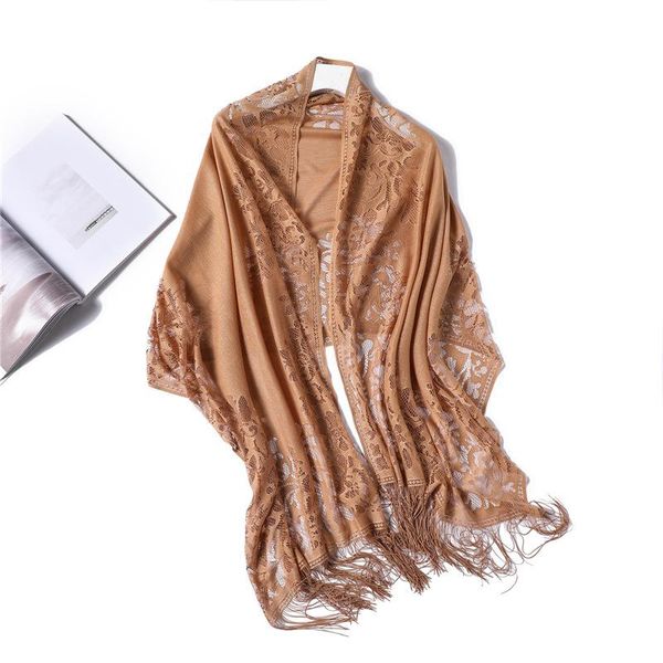 

scarves women's solid color hollow lace ever-changing shawl fashion tassel long scarf baotou thin., Blue;gray