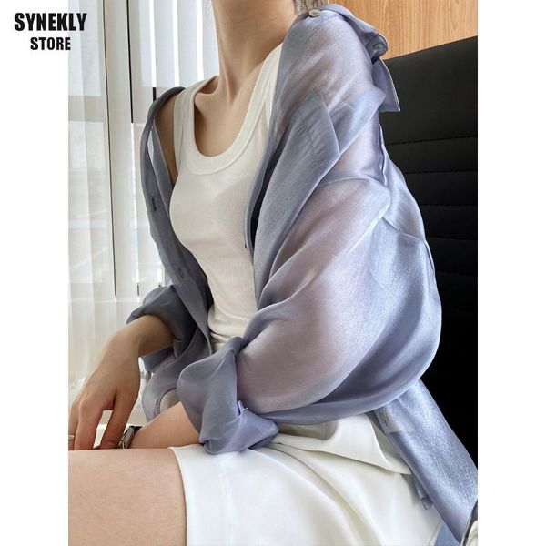

women's blouses & shirts solid satin women autumn 2021 fashion sun protection turn down long sleeves shirt see through thin elegant fem, White