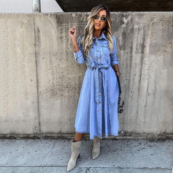

casual dresses women denim dress single breasted streetwear high waist sashes turn-down collar long female a-line, Black;gray