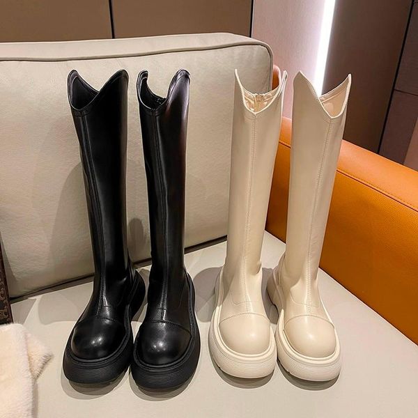 

boots women leather platform thick bottom round toe long zipper ladies retro 2022 antumn winter short ytmtloy botines de mujer, Black