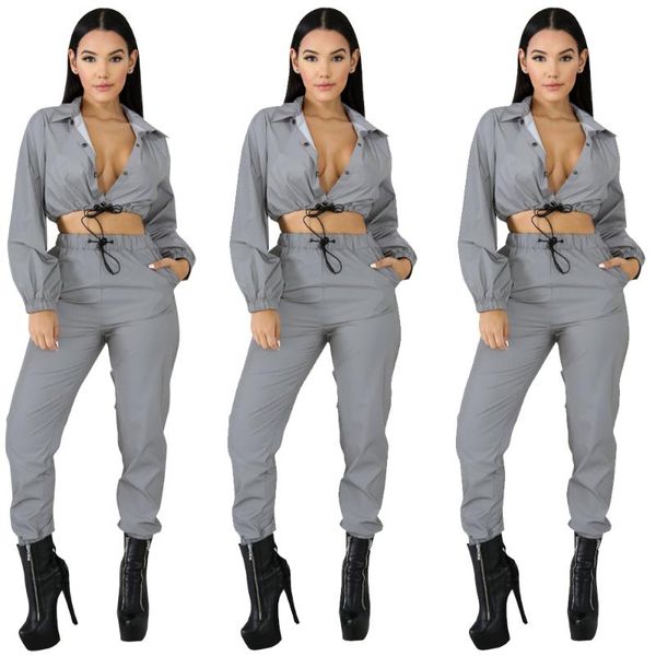 

women's pants & capris reflective plain short jacket and loose two piece set ladies tracksuit, Black;white