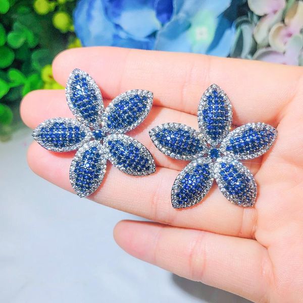 

dangle & chandelier chic micro pave cubic zirconia dark blue big flower leaf earrings luxury fashion women party wedding jewelry, Silver
