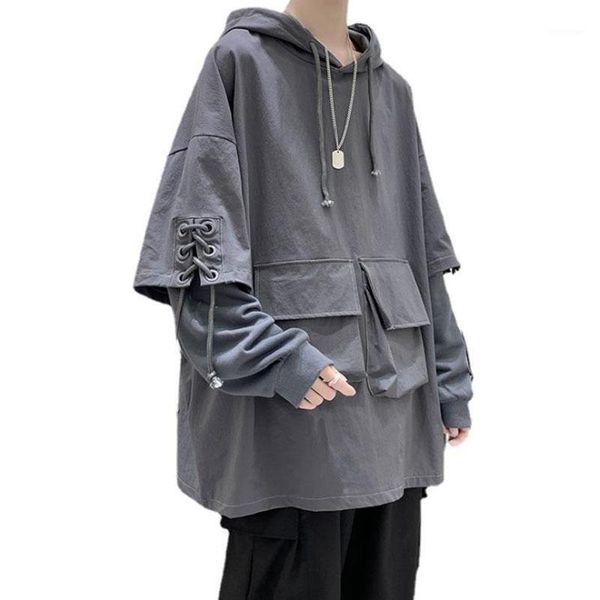 

spring men streetwear pocket hoodies mens korean harajuku stitched sleeves sweatshirts male hip hop clothing men's &, Black