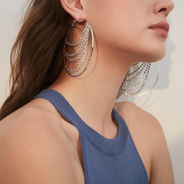 

hoop & huggie srcoi gorgeous multilayer rhinestone chain big round large hoops earrings tassel circle statement trendy jewelry, Golden;silver