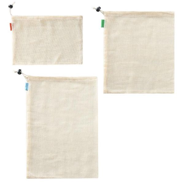 

reusable cotton mesh produce bag for vegetable fruit kitchen washable storage eco-friendly bag, 3pcs bags