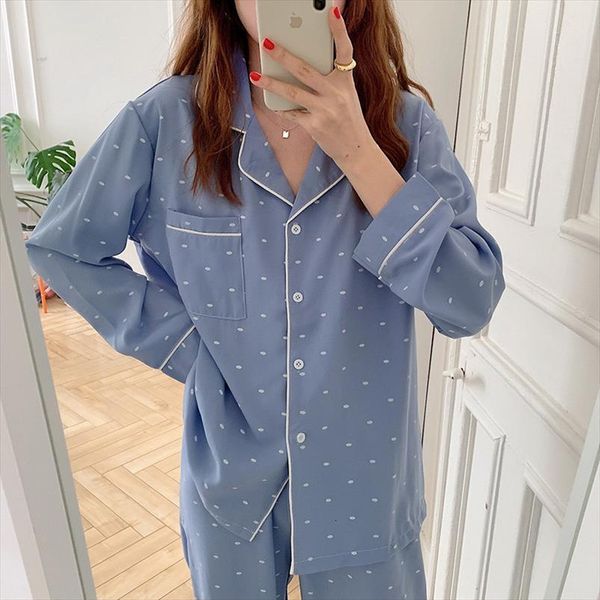 

sweet lovely autumn fresh women sleepwear blue wave point leisure loose long sleeve trousers home wear pajamas set, Black;red