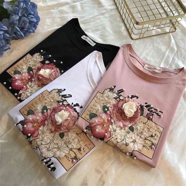 

heavy beading embroidery women shirts summer casual o-neck short sleeve tees loose korean ladies 210602, White