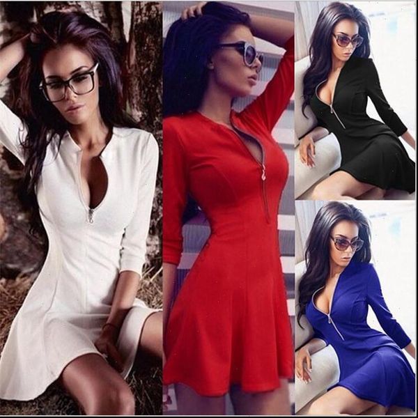 

spring autumn fashion bust womens dresses zippers solid pleated v neck ladies evening party bodycon mini vestidos, Black;gray