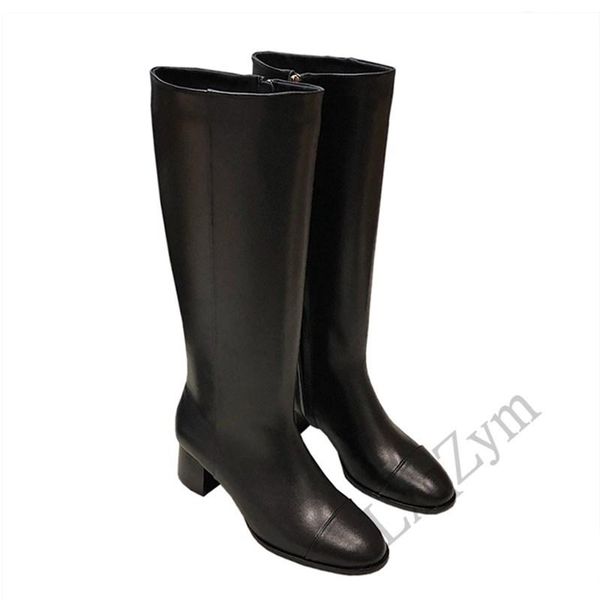 

boots 2021 full genuine leather knee high for women winter classic long tube heels non-slip fashion lady shoes, Black