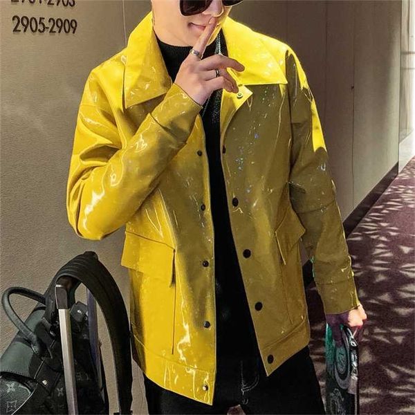 

shiny leather jacket men korean style autumn waterproof fashion street coat pu motorcycle leather jacket stage singer costume 211118, Black