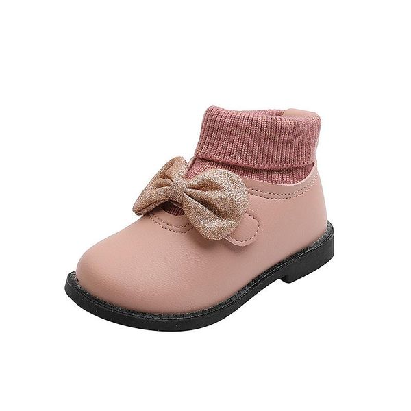 

boots baby leather 2021 autumn winter butterfly knot girl children princess knitting ankle casual wild kids sneakers, Black;grey