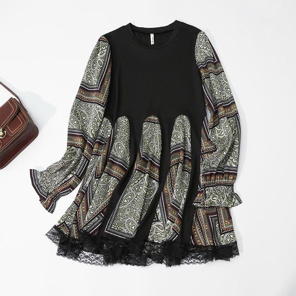 

casual dresses 2021 autumn style thin temperament fashion vestidos female round neck print slim chiffon stitching a-line mini dress kk968, Black;gray