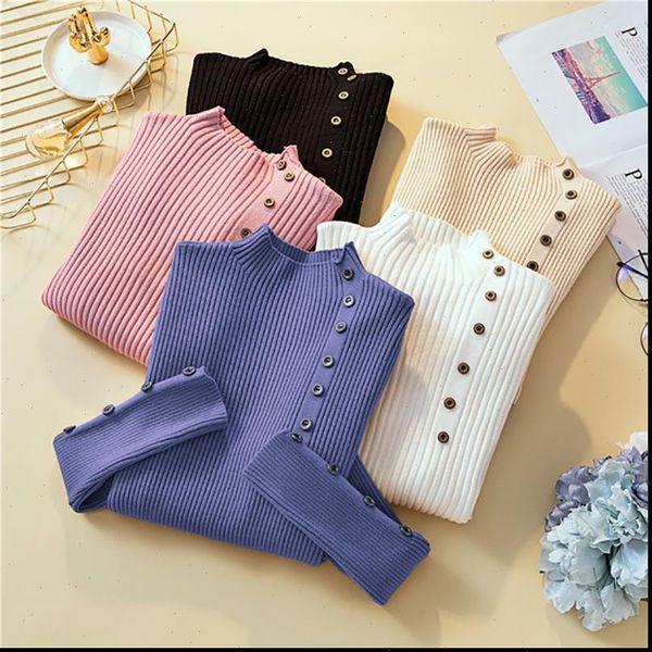 

knitted button pullovers pull womens sweaters femme high elastic autumn winter jumper pullover sleeve long, White;black