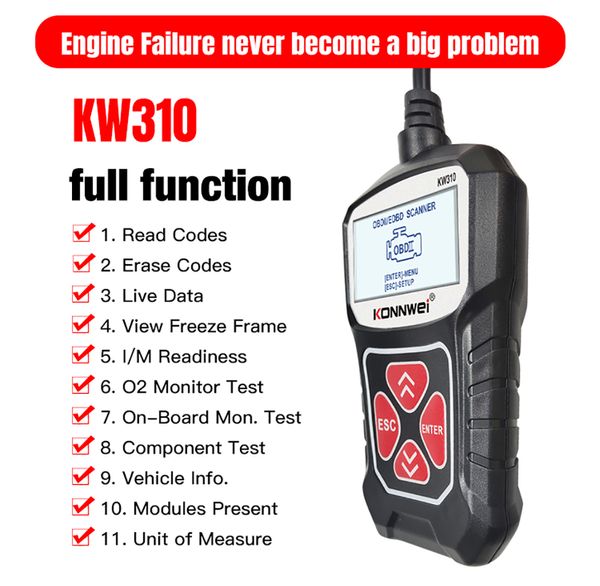 KONNWEI KW310 Universal Obd2 OBDII Scanner per auto Lettore di codice automobilistico professionale Veicolo CAN Strumento di scansione diagnostica