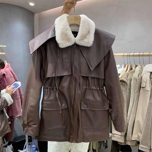 

women's leather & faux 2021 women thick pu warm soft suede lambs wool belt coats leisure jackets zipper streetwear outwear, Black