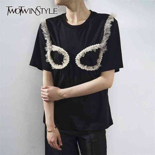 

twowinsyle black patchwork pearl shirt for women o neck short sleeve mesh casual joker shirts female fashion clothes 210524, White