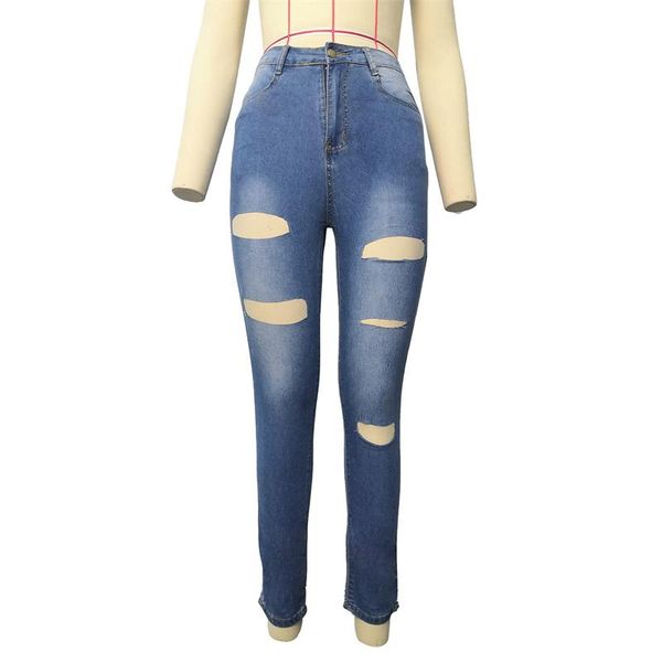 

women's jeans fashion street style ripped skinny lady vintage wash solid denim trouser casual slim fit pencil pants, Blue