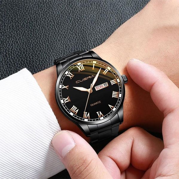 

wristwatches cuena watches men fashion creativ geometric round stainless steel men's quartz calendar watch relogio masculin, Slivery;brown