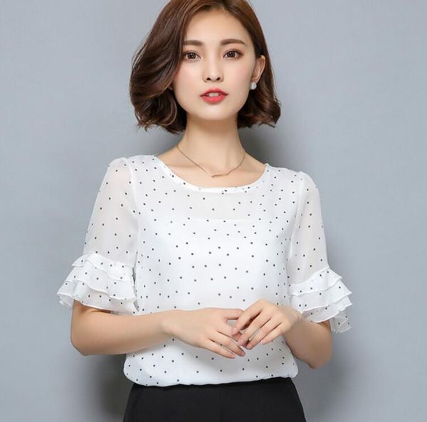 

women's blouses & shirts 2021 summer women short sleeve chiffon casual blouse polka dot plus size blusas shirt, White