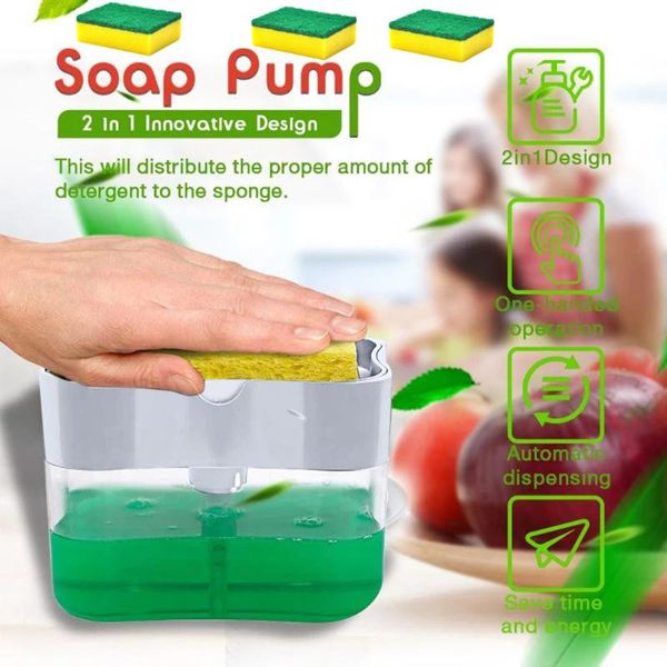 

soap pump dispenser with sponge holder cleaning liquid container manual press organizer kitchen cleaner tool