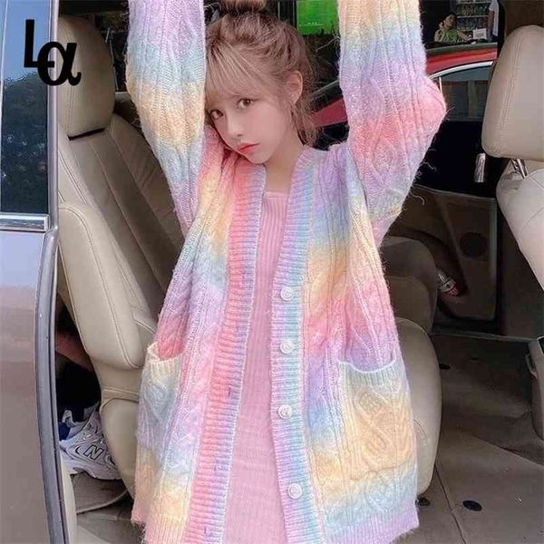 

rainbow knitted cardigan cute autumn spring sweet kawaii sweater coat female long korean button down fall woman 210519, White