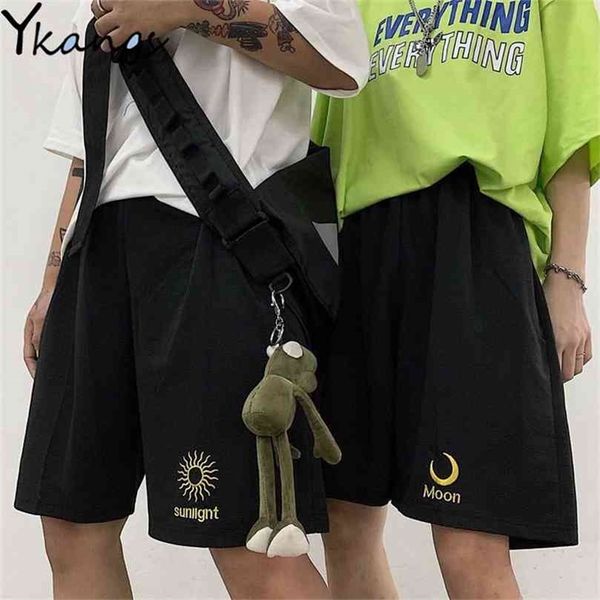 

summer sun moon print black shorts harajuku bf casual students sports fashion pants running high waist 210722