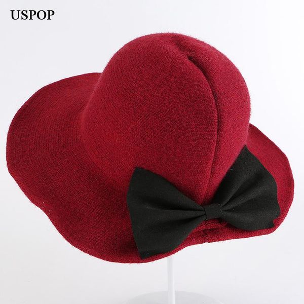 

stingy brim hats uspop 2021 fashion women wool fedoras solid color wide back-opened bow knitted casual winter warm, Blue;gray