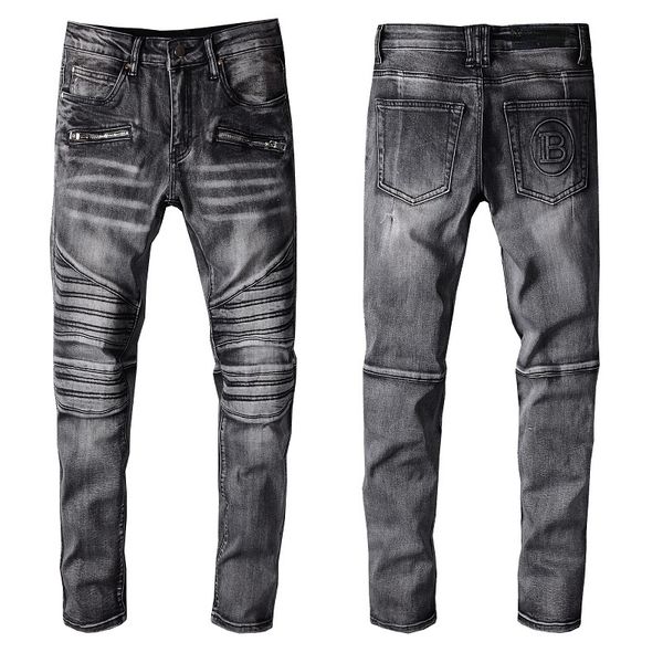 Homens Long Slim Black Rasgado Jeans Designer Marca de Alta Qualidade Branqueado Lápis Jean Streetwear Motocycle Calças Logo