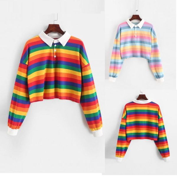 

women's hoodies & sweatshirts womens color stripe button long sleeve pullover sweatshirt turn-down rainbow striped harajuku, Black