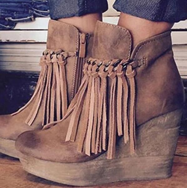 

boots women ankle big size high heels pumps wedges shoes booties gladiator matte tassel round toe shoe botas mujer, Black