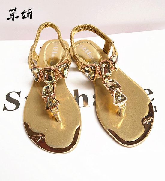 

summer style women sandals shoes flip flops rhinestone flat heel metal flats plus size 35-42, Black
