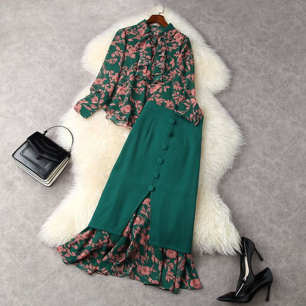

two piece dress spring long sleeve lapel neck green pink floral chiffon blouse + panelled buttons mid-calf skirt suits 2 s set 21m252005 sws, White