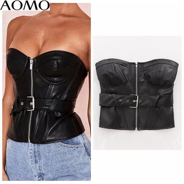 

women's tanks & camis aomo casual women faux leather beige black with belt zipper strappy backless short 2021 1d05a, White