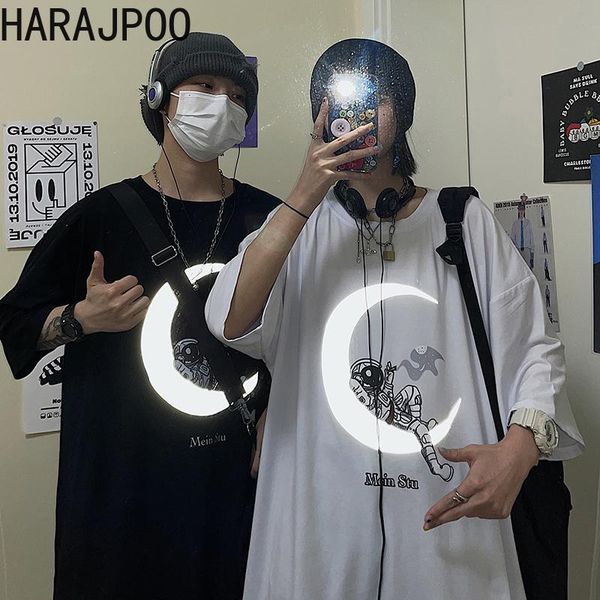 

harajpoo couple t-shirts korean version ins summer street hip-hop style astronaut printed reflective loose casual pullovers women's t-s, White