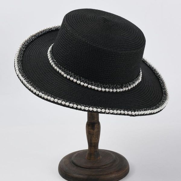 

wide brim hats 2021 summer women sequin visor cap jazz travel england pearl beach caps straw hat casual panama sun, Blue;gray