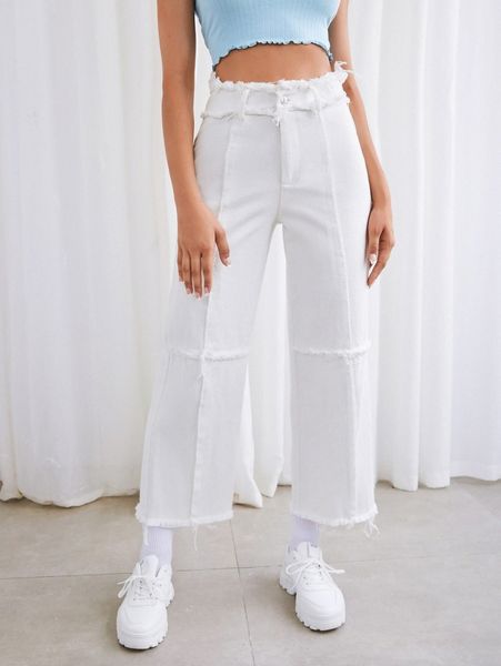 

solid high waist raw trim capris pants y5dm#, Black;white