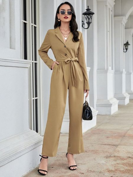 

solid button front lapel collar belted jumpsuit 21ie#, White