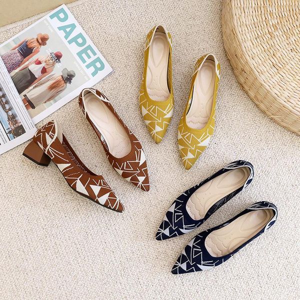 

dress shoes flying woven elegant ladies high heels fashion all-match pointed toe mid-heel shallow mouth set foot summer single shoes., Black