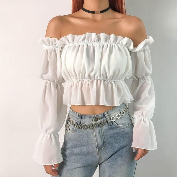 

hirigin autumn off shoulder ruffles chiffon blouse women fashion long sleeve crop summer beach party shirts clothes women's blouses, White