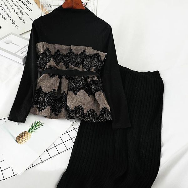 

two piece dress mooirue winter elegant women 2 sets turtleneck printed pullovers with sashes+kintting high wasit skirts vintage, White