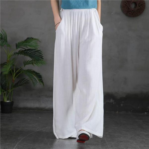 

women's pants & capris fairynatural 2021 autumn spring cotton linen wide leg loose casual full length ladies elastic waist drawstring t, Black;white