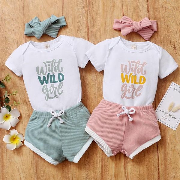 

clothing sets baby girl clothes set summer round neck short sleeve printed romper flower shorts headband 3pcs outfit born infant, White