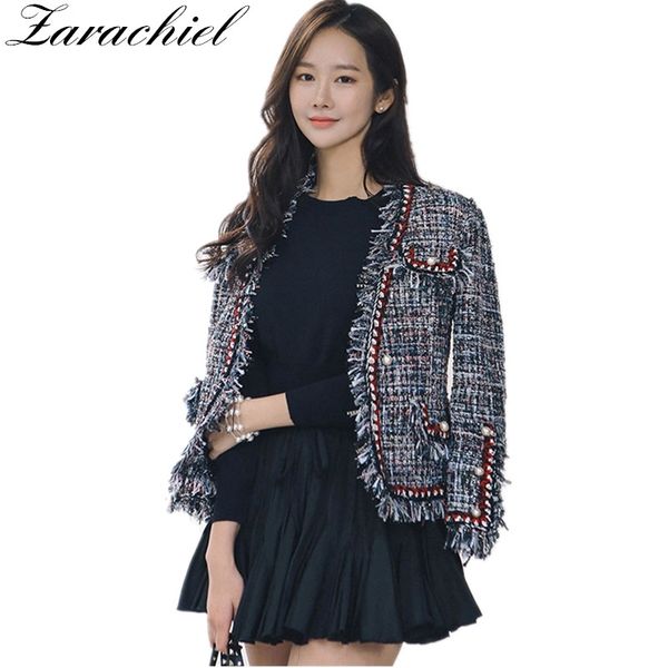 

fashion runway tweed jacket coat autumn winter women fringed trim long sleeves front pockets with pearls detail 210416, Black;brown