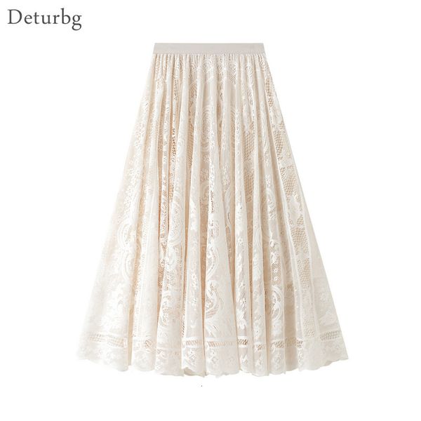 

casual dresses women's elegant lace crochet long skirt korean high waist hollow out pleated black white a-line skirts saias 2021 s, Black;gray