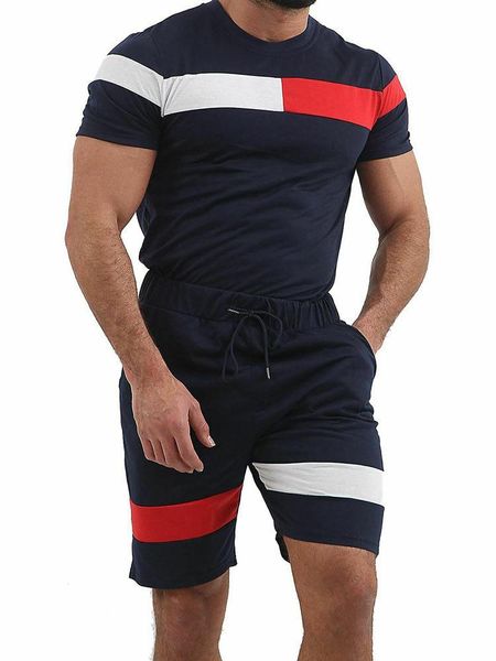

men's tracksuits 2021 summer fashion casual sports suit short-sleeved t-shirt shorts two loose round neck color matching track suits s-, Gray