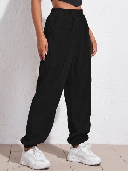 

elastic waist cord pants e1hv#, Black;white