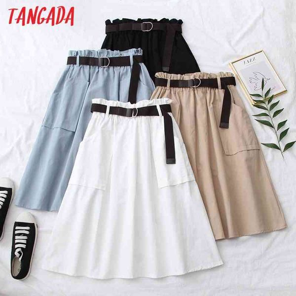 

summer women midi skirt with belt vintage strethy waist pocket ladies chic mid calf skirts 5n02 210416, Black