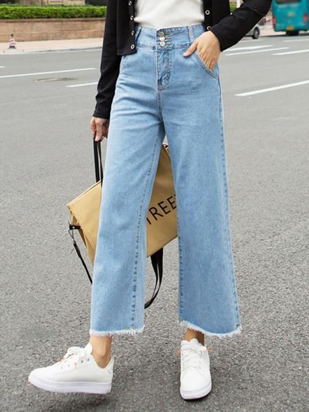 

women's jeans ladies autumn urban casual cropped pants straight high waist dark blue/light blue