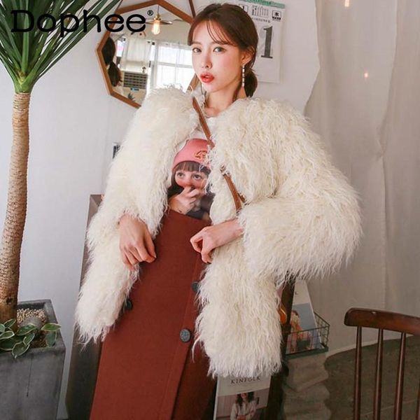 

women's fur & faux 2021 fall winter wool coat femme loose thick warm mid-length furry jacket women fashion outerwear overcoat, Black